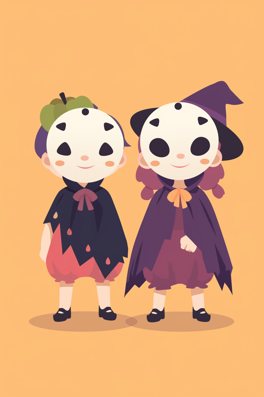 cute halloween drawings for kids featuring two adorable children in playful Halloween masks, each dressed as a different spooky creature